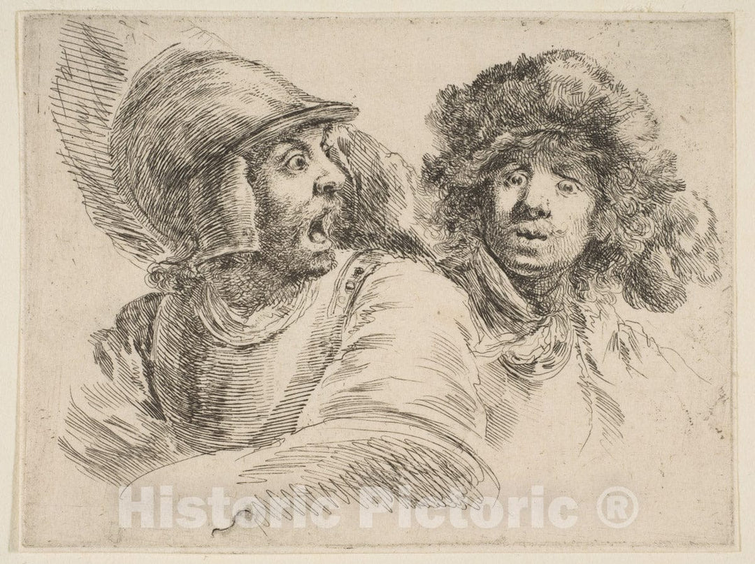Art Print : Stefano Della Bella - Frightened Soldier and a Man in a Fur Hat : Vintage Wall Art