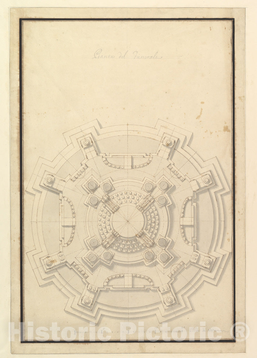 Art Print : Workshop of Giuseppe Galli Bibiena - Ground Plan of a Catafalque for Francis Lewis of Newburg, Archshop of Mainz (Died Breslau 1732) : Vintage Wall Art
