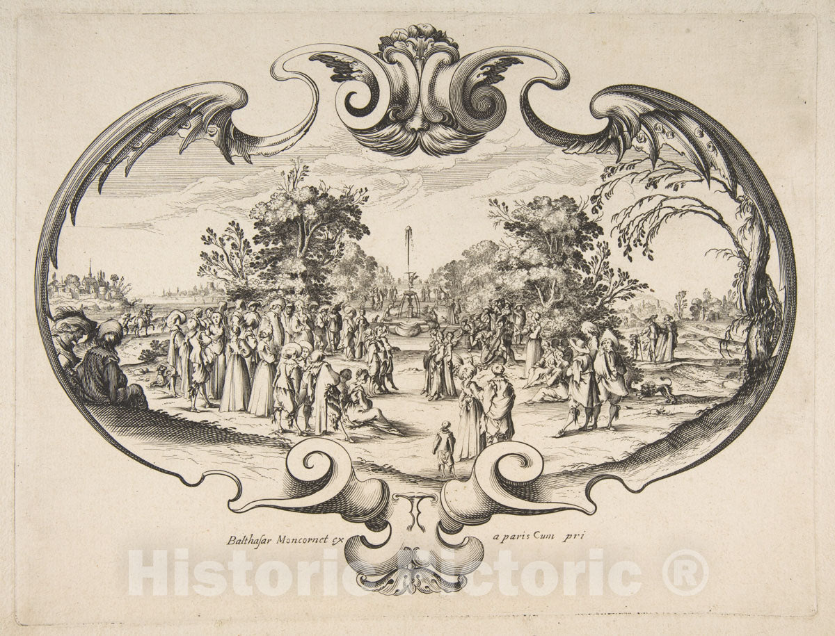 Art Print : Nicolas Cochin - Fan with Figures in a Garden : Vintage Wall Art