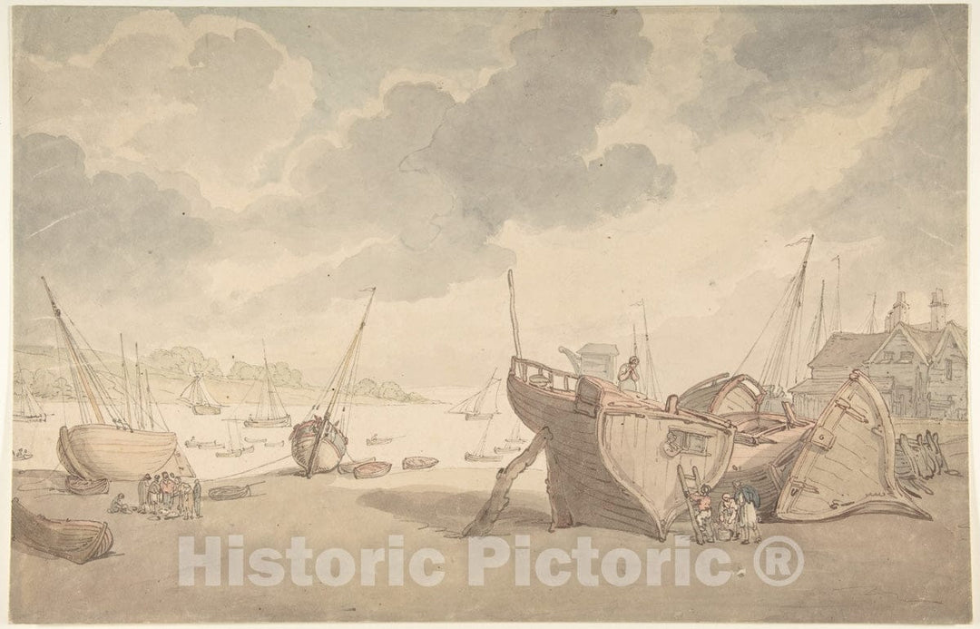 Art Print : Thomas Rowlandson - Harbor Scene with The Tide Out, and Beached Boats : Vintage Wall Art