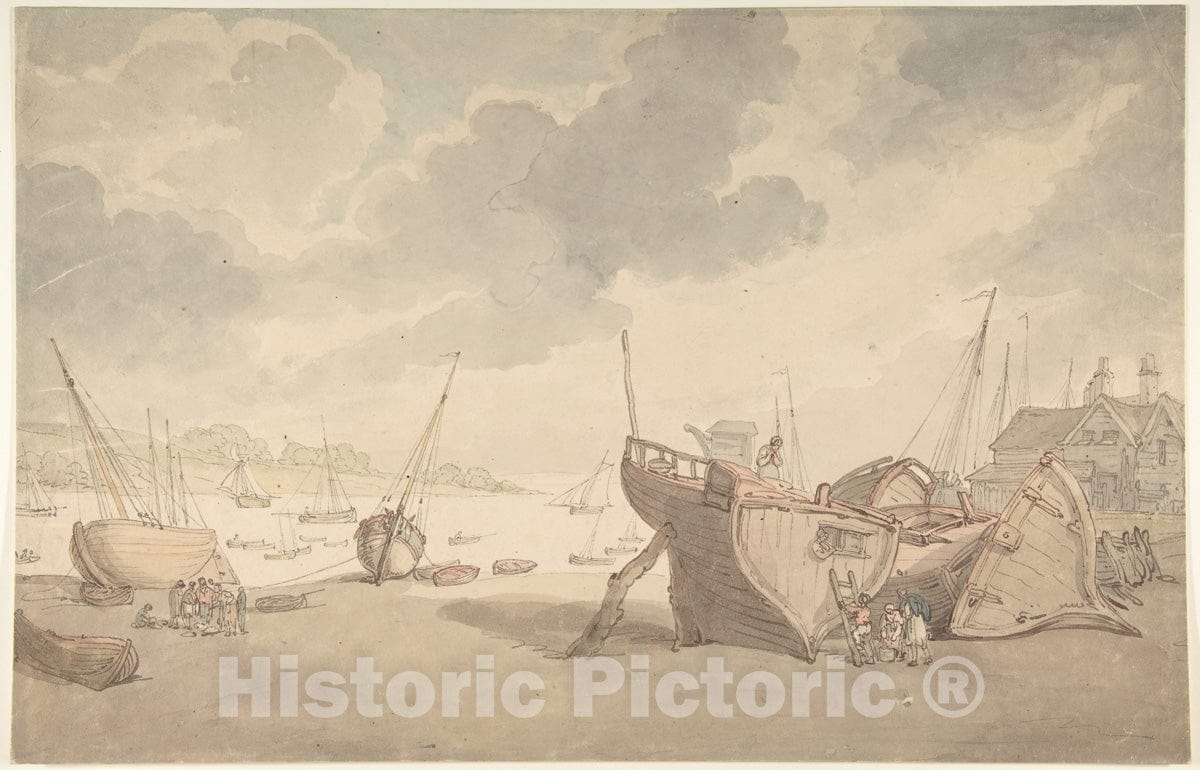 Art Print : Thomas Rowlandson - Harbor Scene with The Tide Out, and Beached Boats : Vintage Wall Art