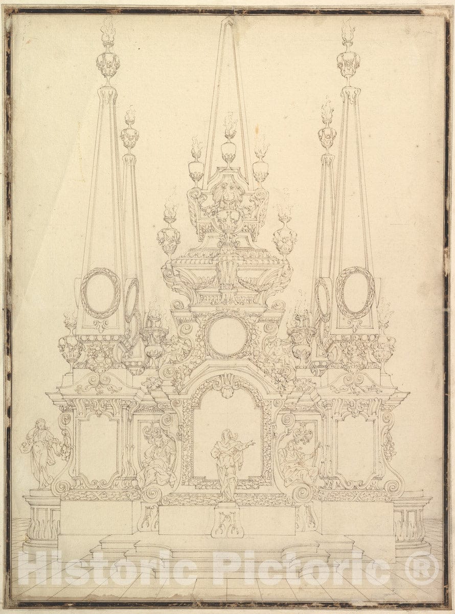 Art Print : Workshop of Giuseppe Galli Bibiena - Elevation of a Catafalque: Four Large Obelisks at The Corners with Large one Surmounting The Top. : Vintage Wall Art