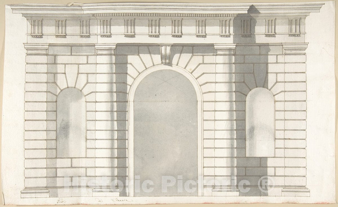 Art Print : Pietro Paolo Coccetti (Cocchetti) - Elevation Design for The Entrance to Orti Farnesiani by Vignola : Vintage Wall Art