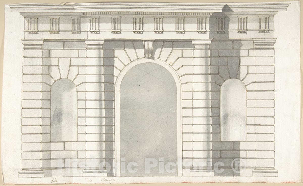 Art Print : Pietro Paolo Coccetti (Cocchetti) - Elevation Design for The Entrance to Orti Farnesiani by Vignola : Vintage Wall Art