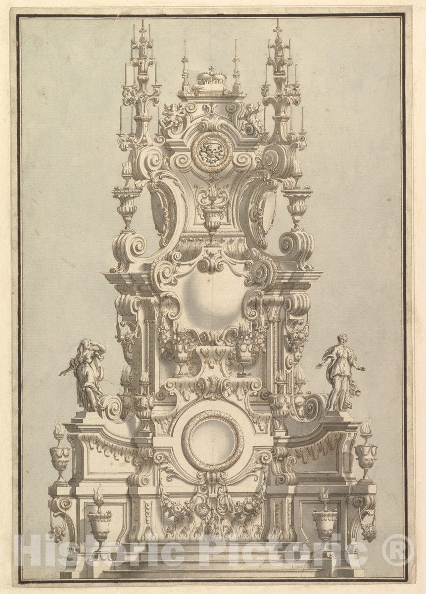 Art Print : Elevation of a Catafalque, Surmounted by a Royal Crown, with Scull and Cross Bones in Wreath-Encircled Cartouche just Below - Artist: Bibiena : Vintage Wall Art
