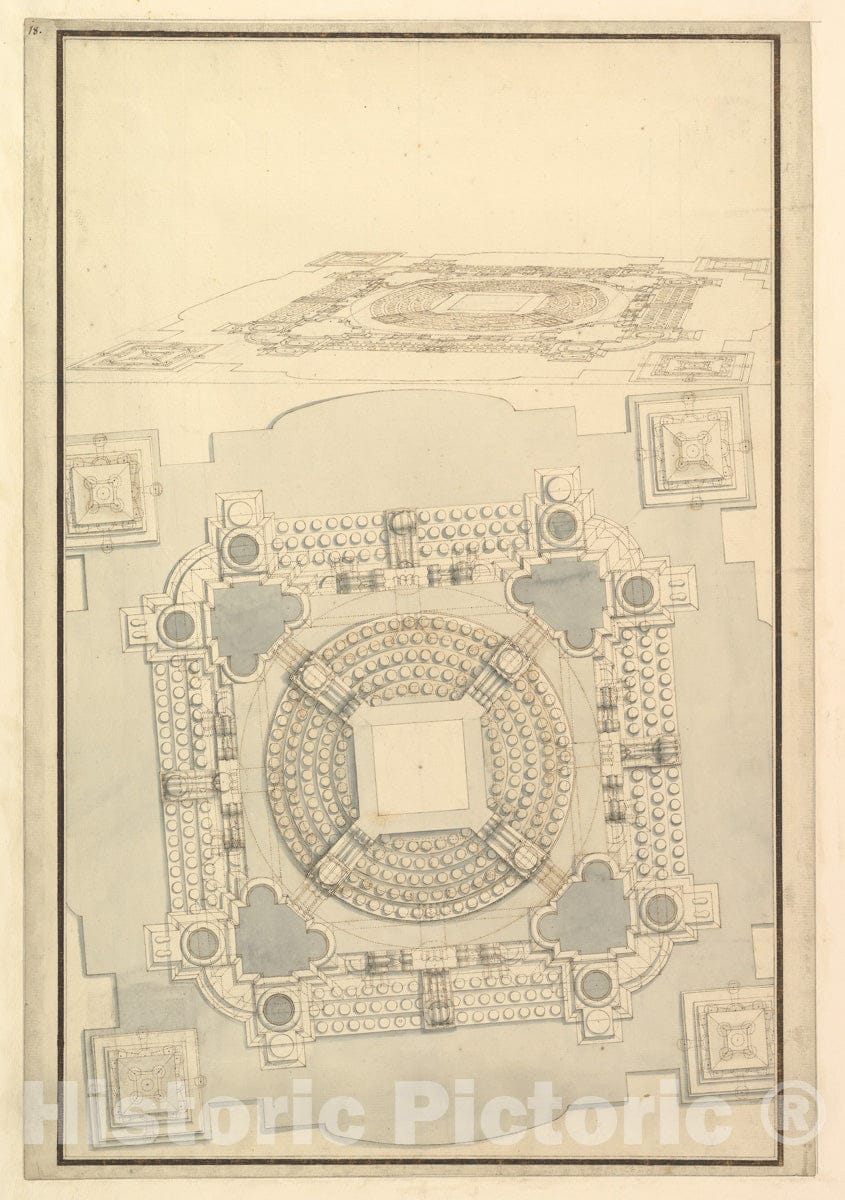 Art Print : Workshop of Giuseppe Galli Bibiena - Ground Plan of The Catafalque for Anna Cristina, Wife of Carlo Emanuele II of Savoy : Vintage Wall Art