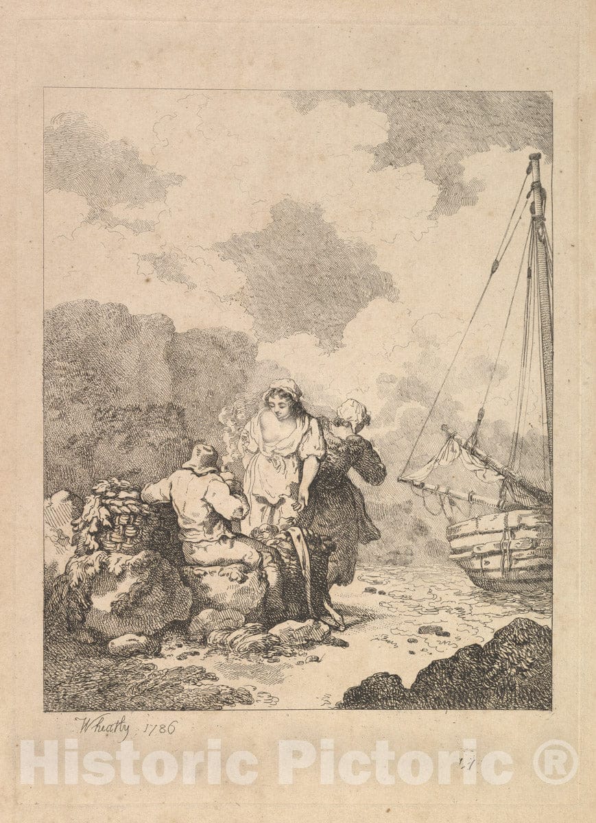 Art Print : Fishermen by The Shore – Coastal Scene with a Man Sitting on Rocks and Smoking a Pipe - Artist: Thomas Rowlandson - Created: 1786 : Vintage Wall Art