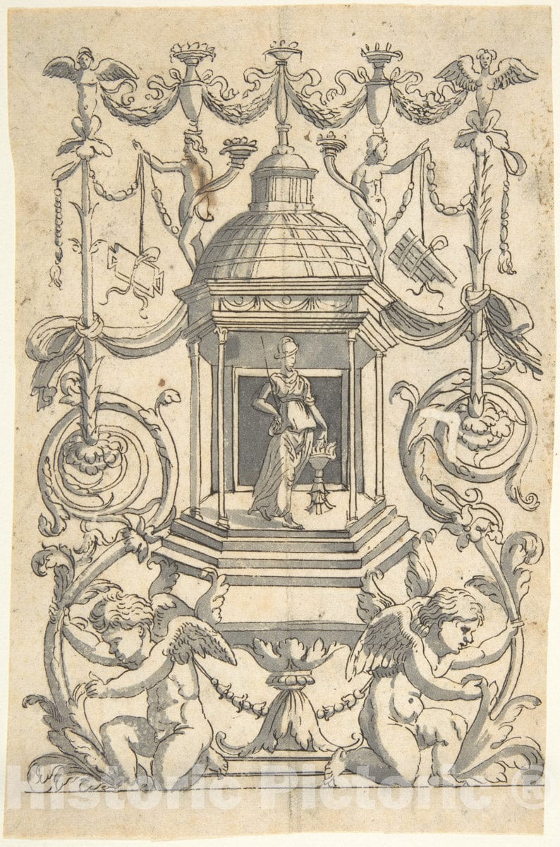 Art Print : Anonymous, Italian, 16th Century - Grotesque with a Female Figure (Minerva?) in a Temple-Like Structure with a Cupola : Vintage Wall Art
