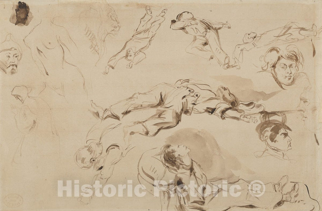 Art Print : Eugène Delacroix - Figure Studies, Related to Liberty Leading The People : Vintage Wall Art