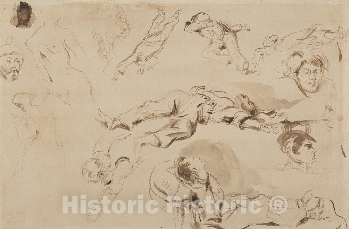 Art Print : Eugène Delacroix - Figure Studies, Related to Liberty Leading The People : Vintage Wall Art