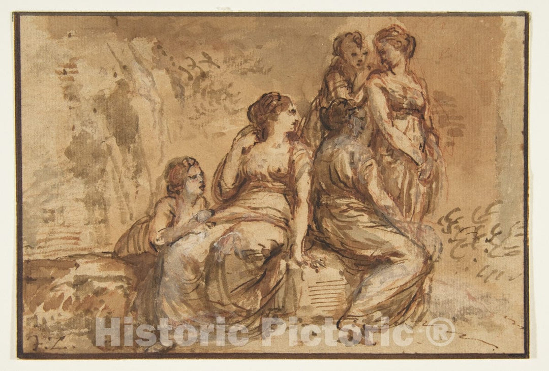 Art Print : Francesco Zuccarelli - Five Young Women in a Landscape : Vintage Wall Art