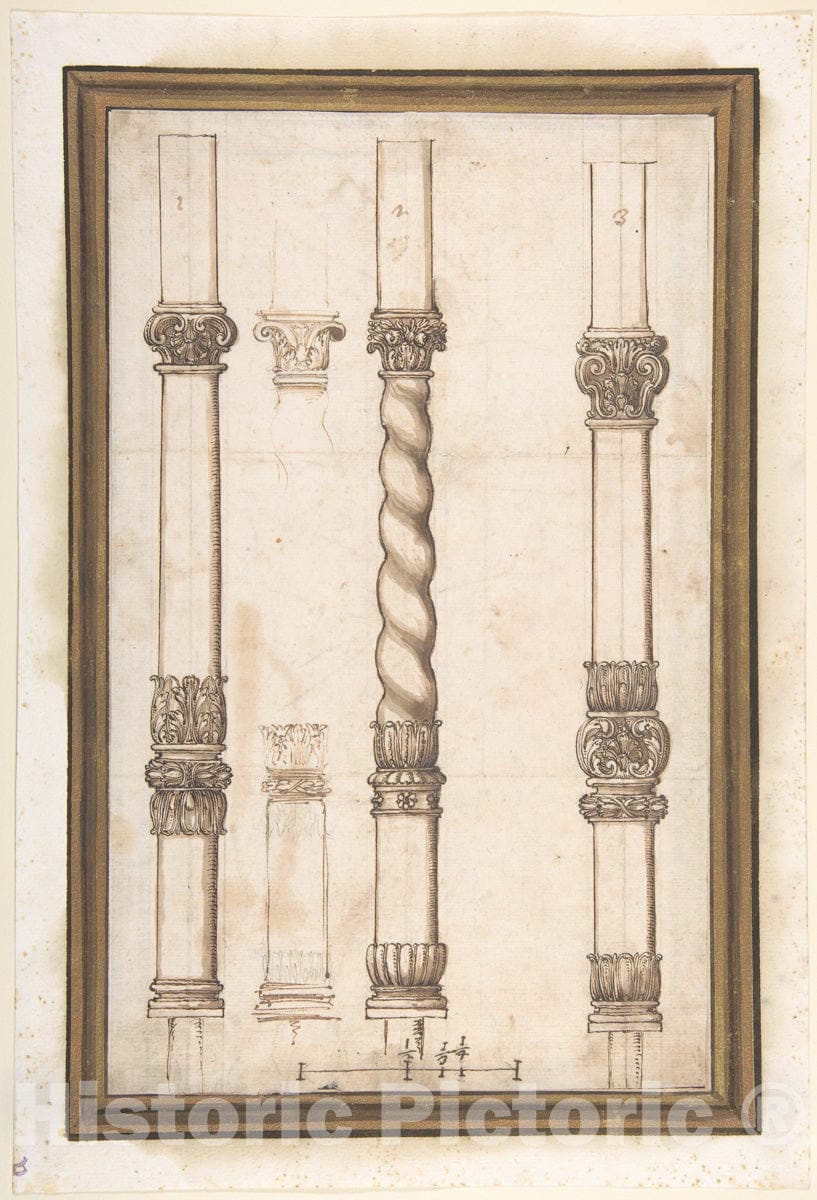 Art Print : Italian, 18th Century - Four Designs for Pillars : Vintage Wall Art
