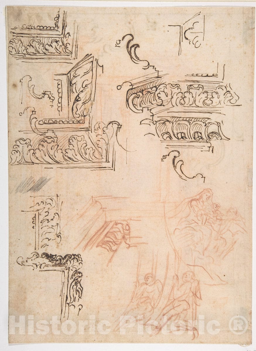 Art Print : Studies of Architectural Moldings - Artist: Baldassarre Franceschini (il Volterrano) - Created: 1611–89 : Vintage Wall Art