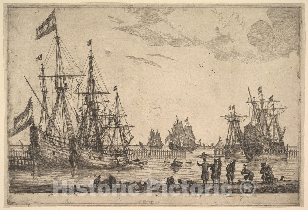 Art Print : Reinier Nooms, Called Zeeman - Four Sailing Vessels Near a Breakwater : Vintage Wall Art