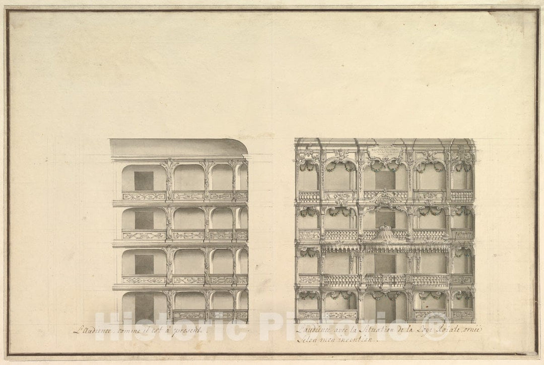 Art Print : Workshop of Giuseppe Galli Bibiena - Elevation of Boxes and Royal Box : Vintage Wall Art