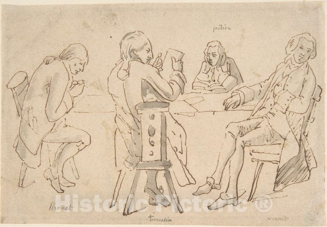 Art Print : Carle (Antoine Charles Horace) Vernet - Four Artists Seated at a Table (Brunet, Potier, Tiercetin ?, Vernet) : Vintage Wall Art