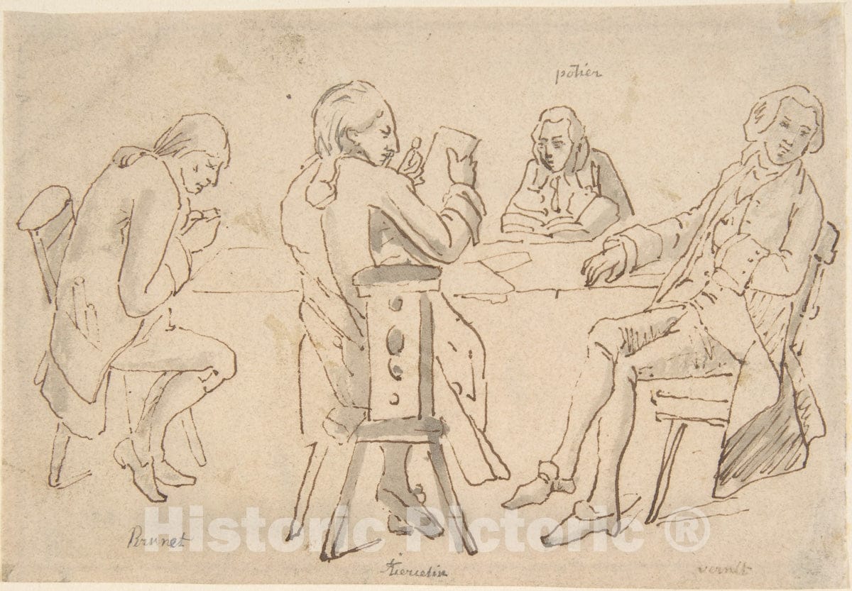 Art Print : Carle (Antoine Charles Horace) Vernet - Four Artists Seated at a Table (Brunet, Potier, Tiercetin ?, Vernet) : Vintage Wall Art
