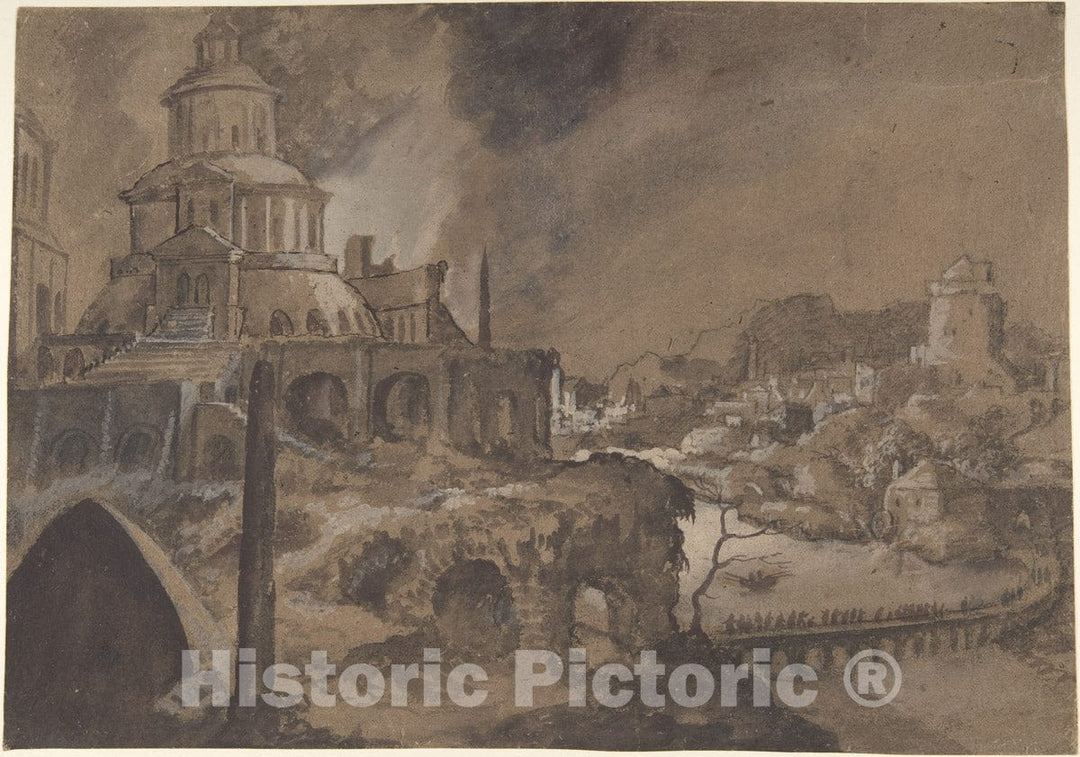 Art Print : Lancelot Blondeel - Fantastic Landscape with Figures Crossing a Bridge : Vintage Wall Art
