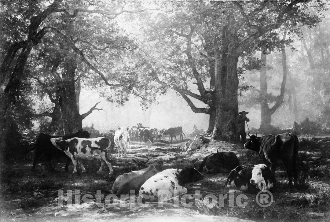 Art Print : Auguste-François Bonheur - Environs of Fontainebleau: Woodland and Cattle : Vintage Wall Art