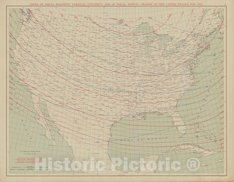 Historic Nautical Map - Lines Of Equal Magnetic Vertical Intensity And Of Equal Annual Change In The United States For 1925, 1925 NOAA Magnetic - Vintage Wall Art