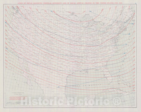 Historic Nautical Map - Lines Of Magnetic Vertical Intensity And Of Equal Annual Change In The United States For 1925, 1925 NOAA Magnetic - Vintage Wall Art
