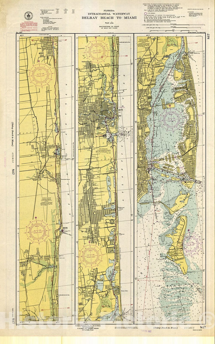 Historic Nautical Map Delray Beach To Miami, 1951 NOAA Chart Vinta