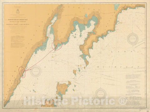 Historic Nautical Map - North End Of Green Bay, Islands At The Entrance And Northwest Shore Of Lake Michigan, 1908 NOAA Chart - Vintage Wall Art