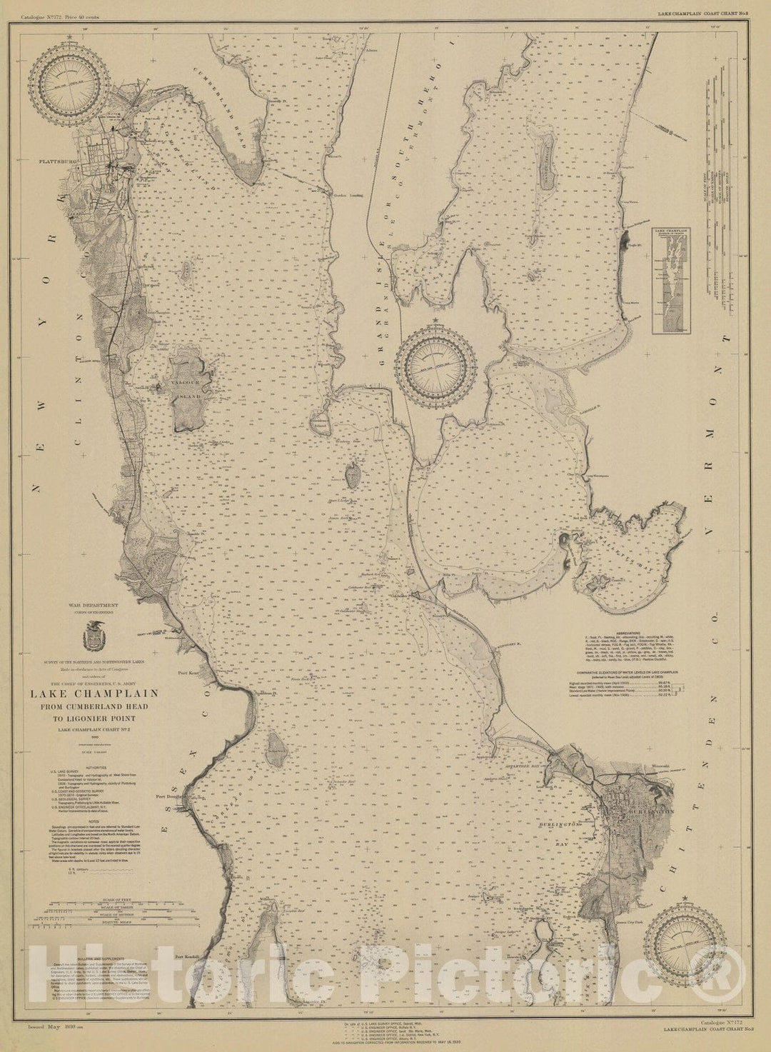 Historic Nautical Map - Lake Champlain From Cumberland Head To Ligonier Point, 1930 NOAA Chart - Vintage Wall Art
