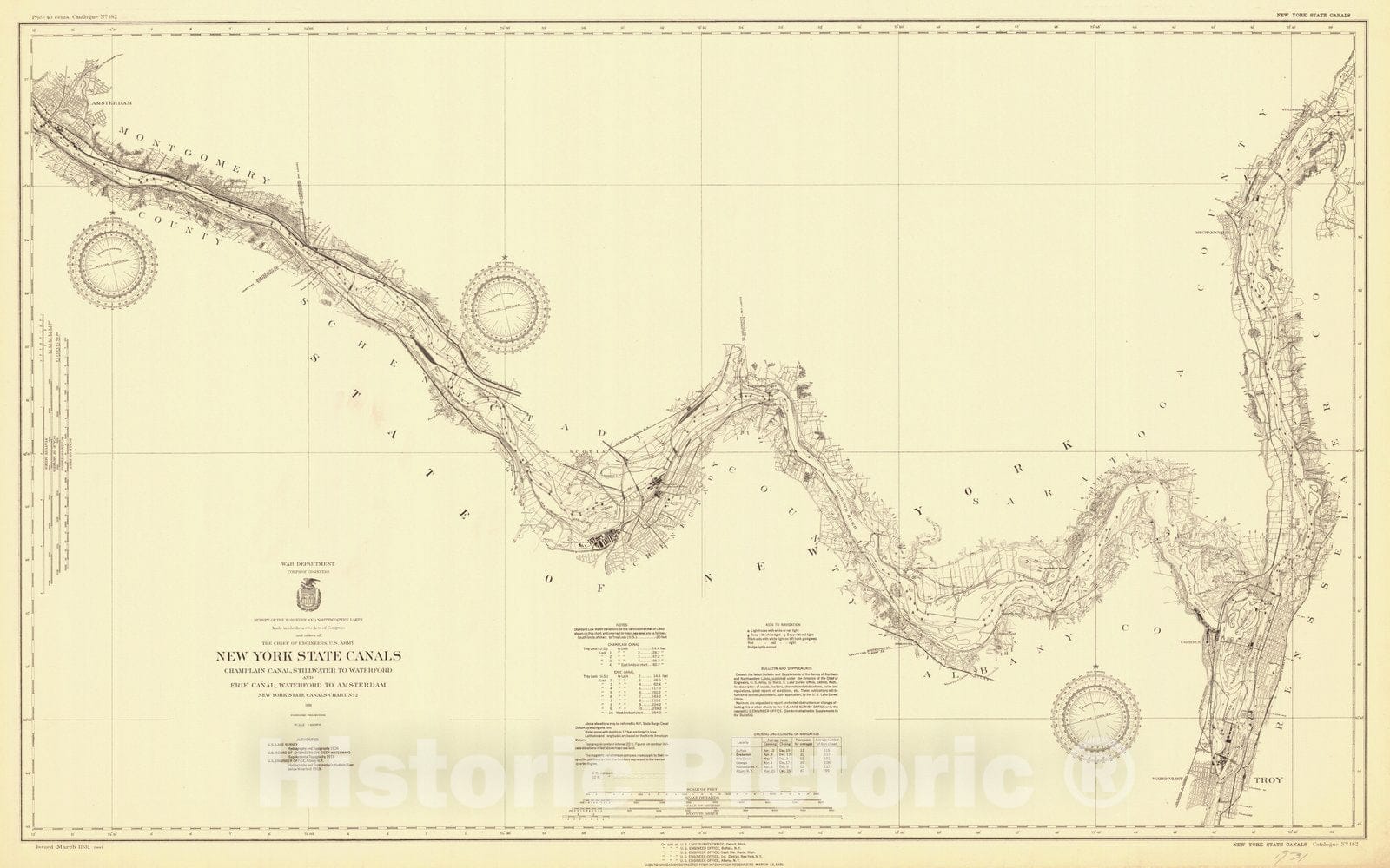 Historic Nautical Map - New York State Canals. Champlain Canal, Stillwater To Waterford And Erie Canal, Waterford To Amsterdam, 1931 NOAA Chart - Vintage Wall Art