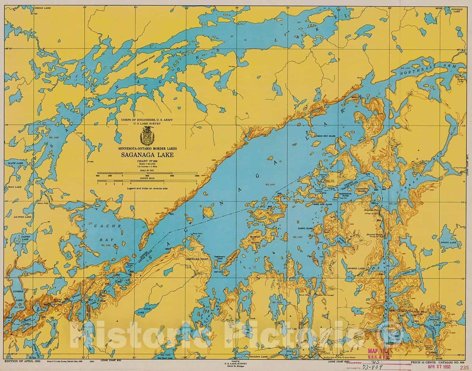 Historic Nautical Map - Minnesota-Ontario Border Lakes Saganaga Lake, 1950 NOAA Chart - Vintage Wall Art