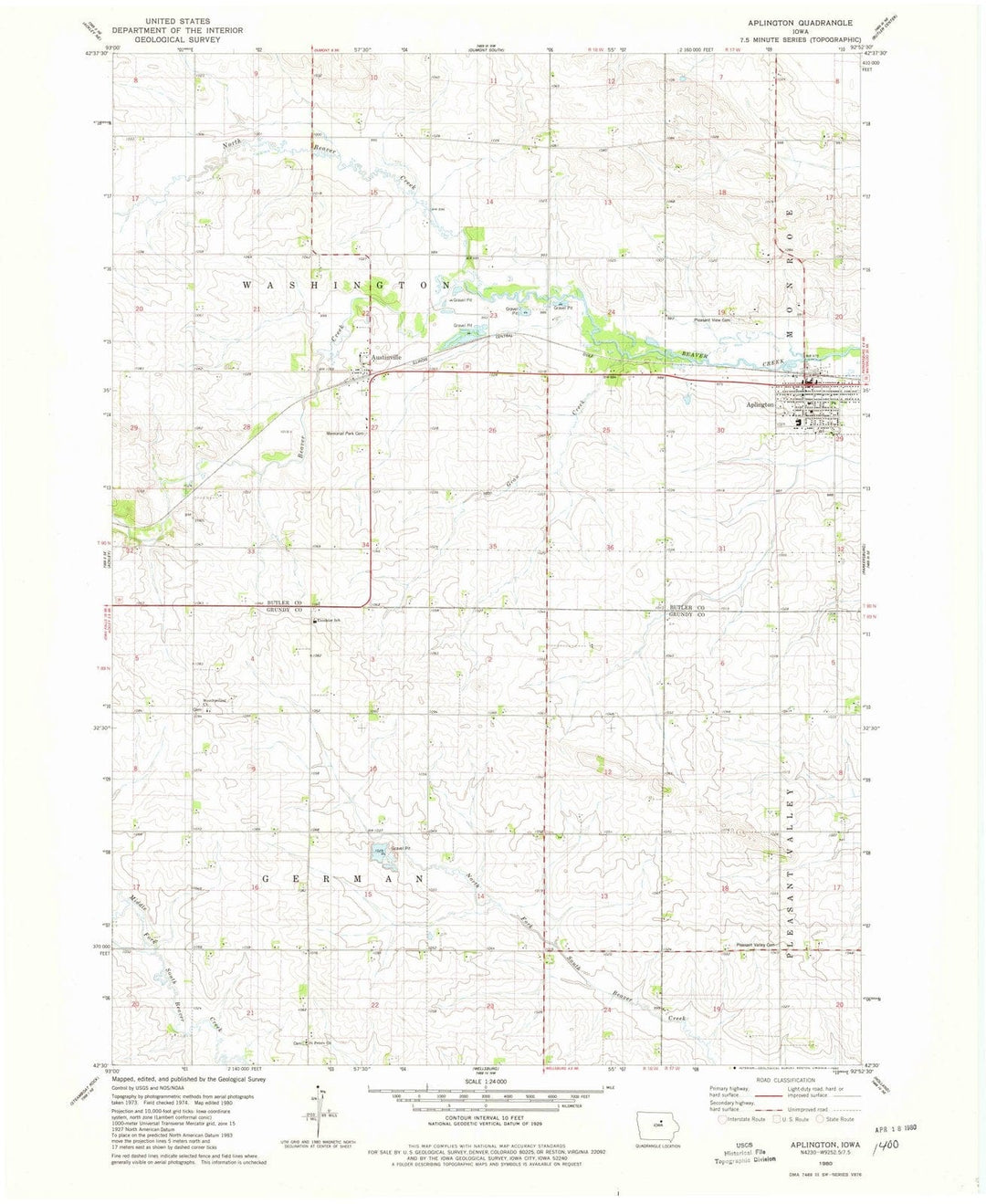 1980 Aplington, IA - Iowa - USGS Topographic Map