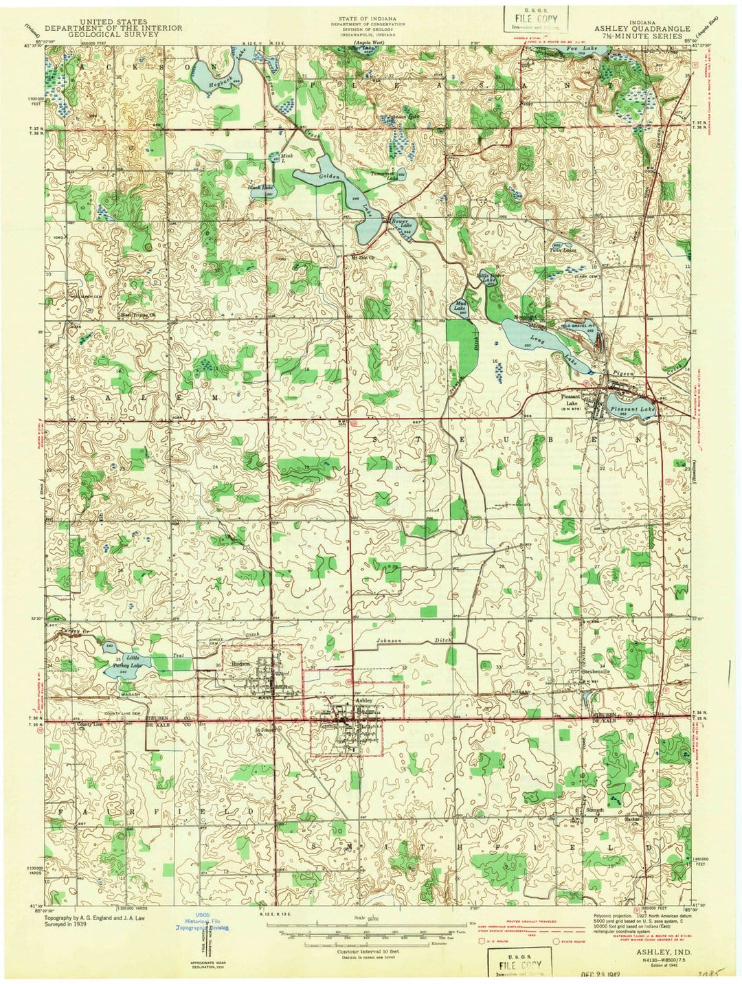1942 Ashley, in - Indiana - USGS Topographic Map