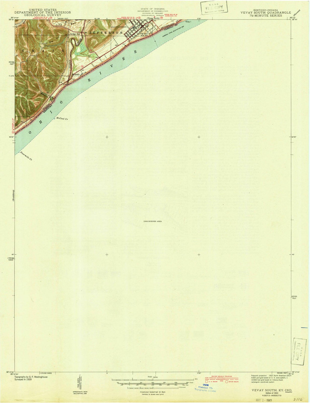 1943 Vevay South, in - Indiana - USGS Topographic Map