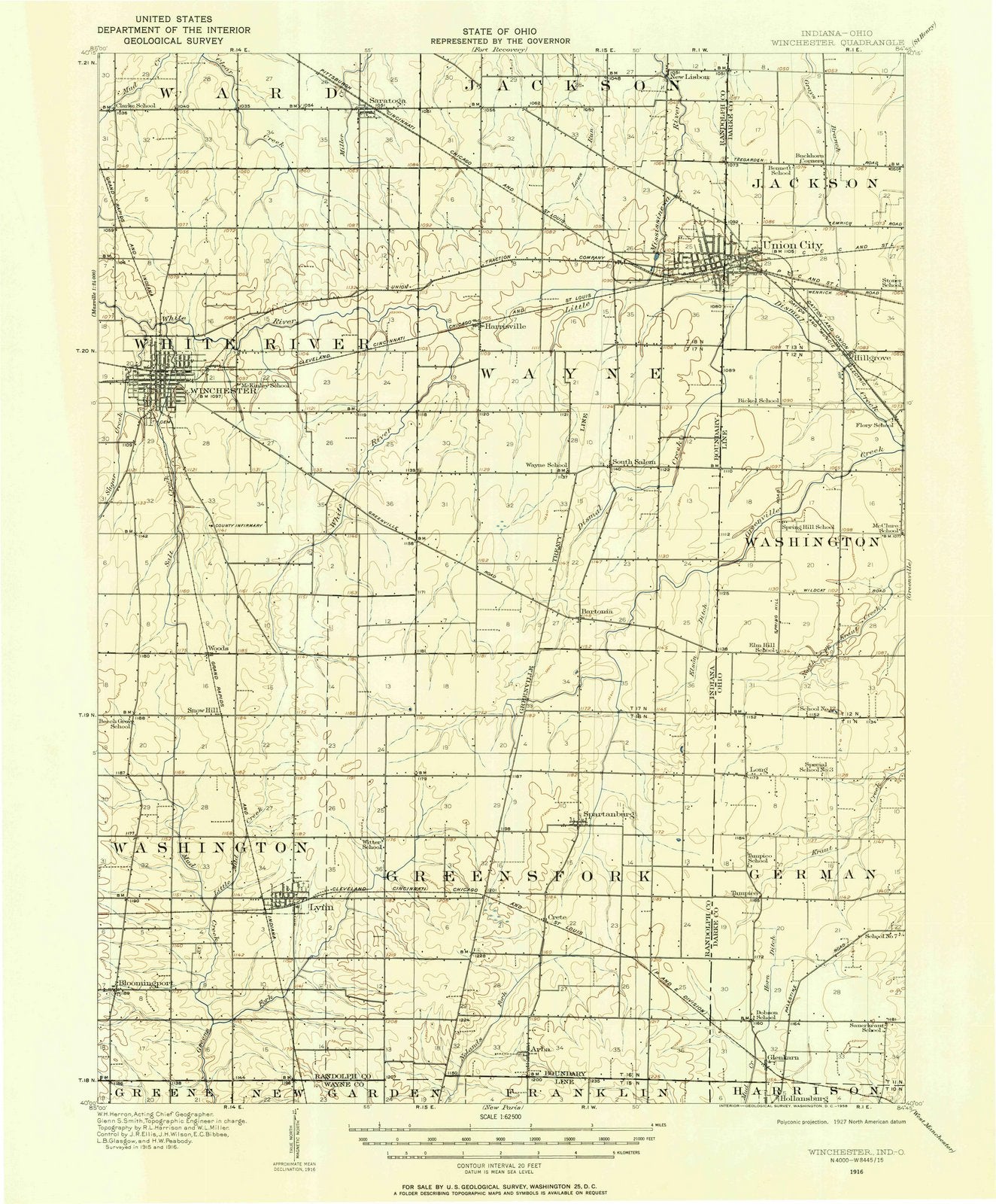 1916 Winchester, in - Indiana - USGS Topographic Map