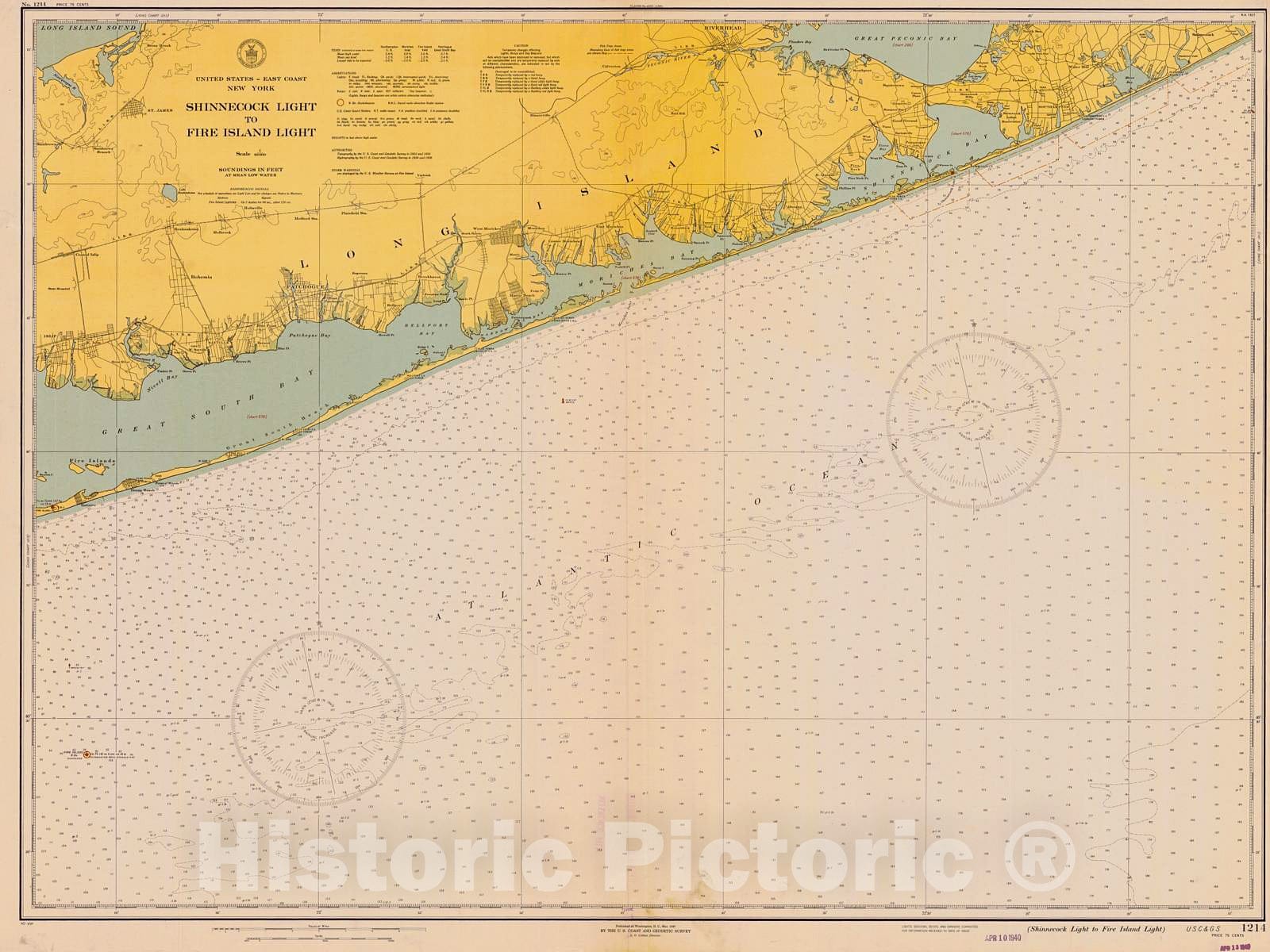 Historic Nautical Map - Shinnecock Light To Fire Island Light, 1940 NO ...