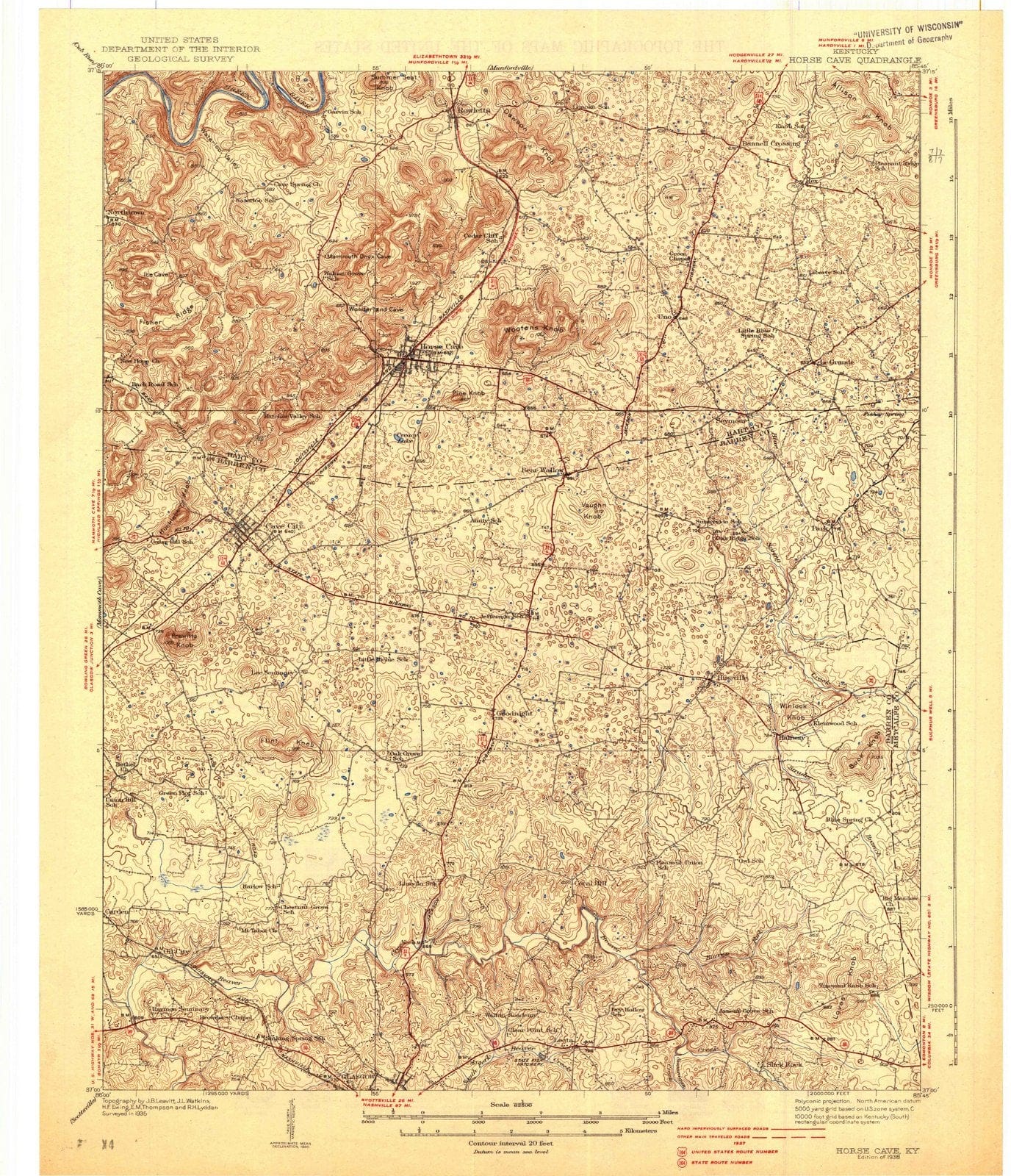 1938 Horse Cave, KY Kentucky USGS Topographic Map Historic Pictoric