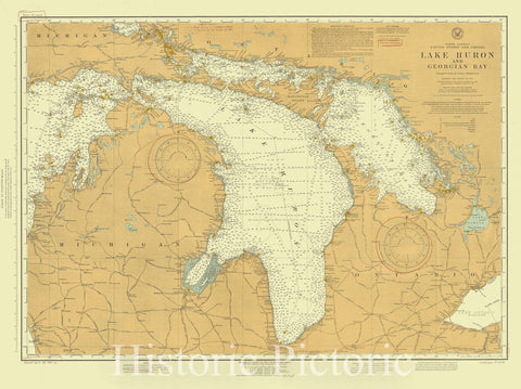 Historic Nautical Map - Lake Huron And Georgian Bay, 1918 NOAA Chart - Michigan (MI) - Vintage Wall Art, v2