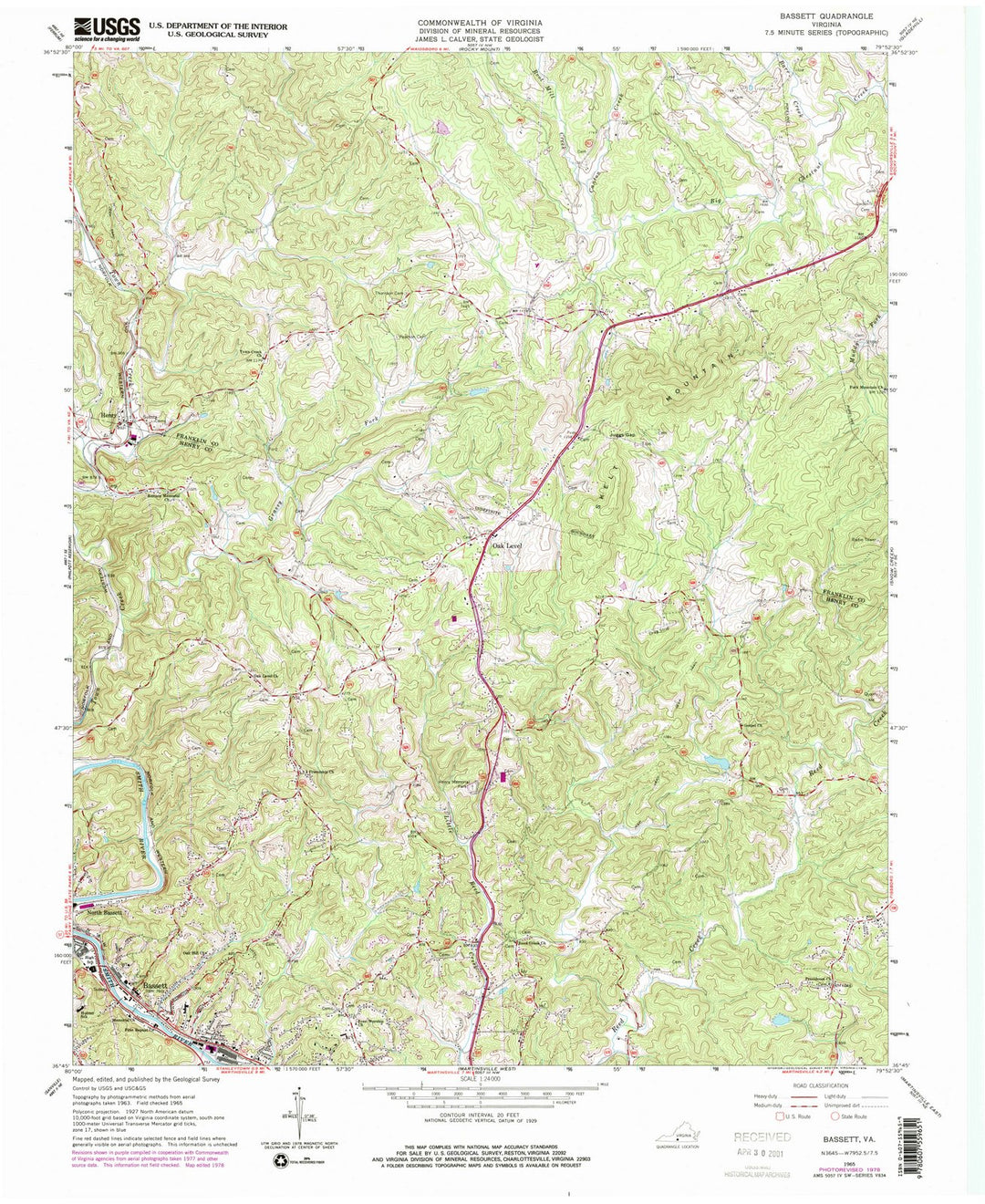 1965 Bassett, VA - Virginia - USGS Topographic Map