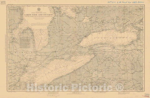 Historic Nautical Map - Lakes Erie And Ontario With The Southern Parts Of Lake Huron And Georgian Bay, 1923 NOAA Chart - Ohio, New York, Michigan, Pennsylvania Poster Wall Art Reprint - 0