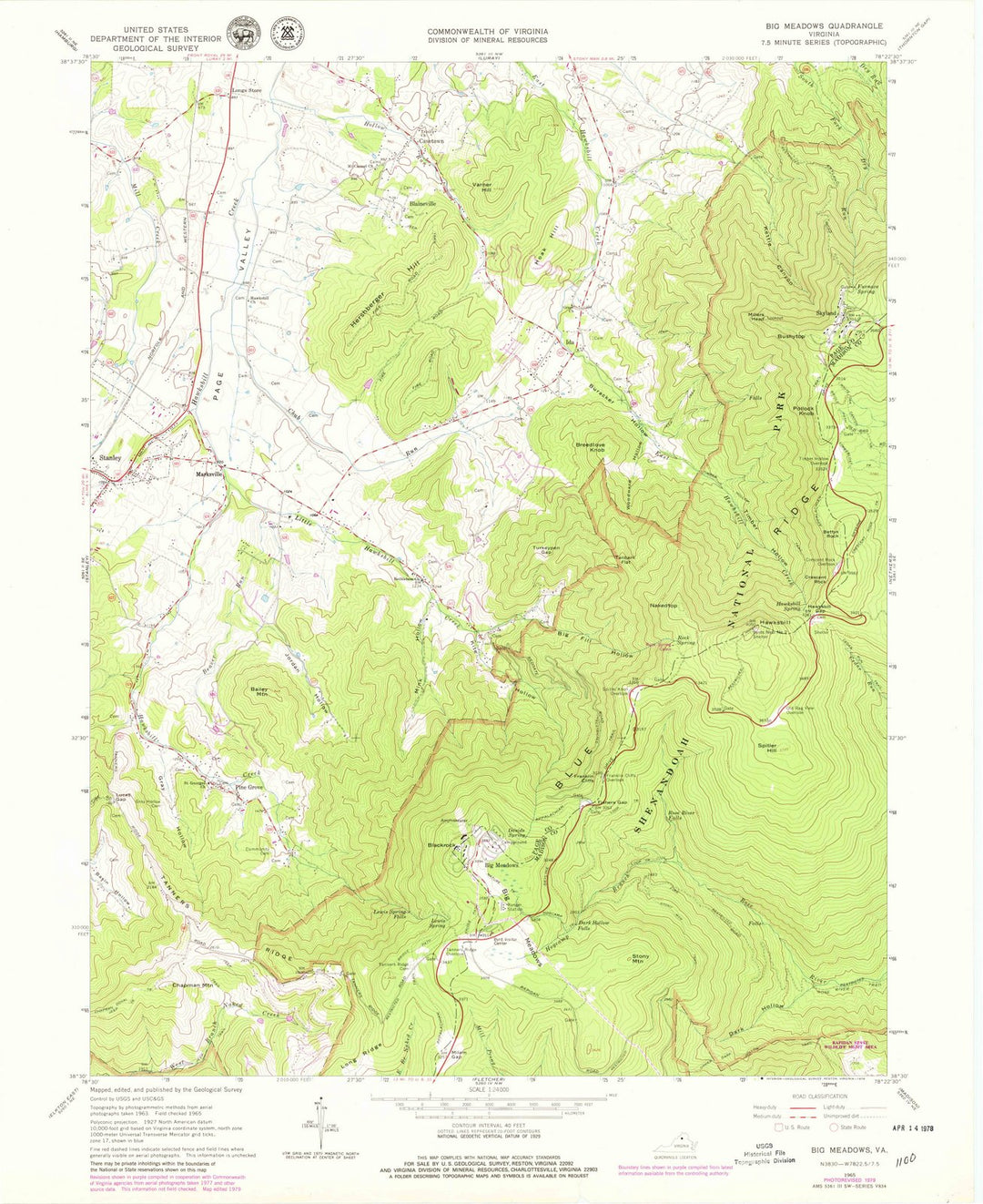 1965 Big Meadows, VA - Virginia - USGS Topographic Map