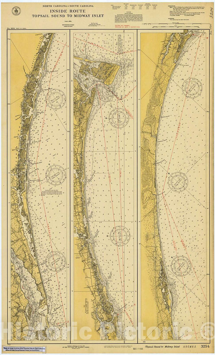 Old Map Inlet Historic Nautical Map - Topsail Sound To Midway Inlet, 1930 NOAA Chart ...