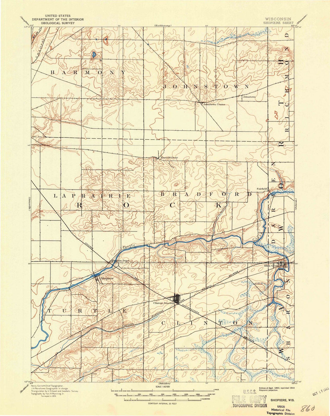 1893 Shopiere, WI - Wisconsin - USGS Topographic Map