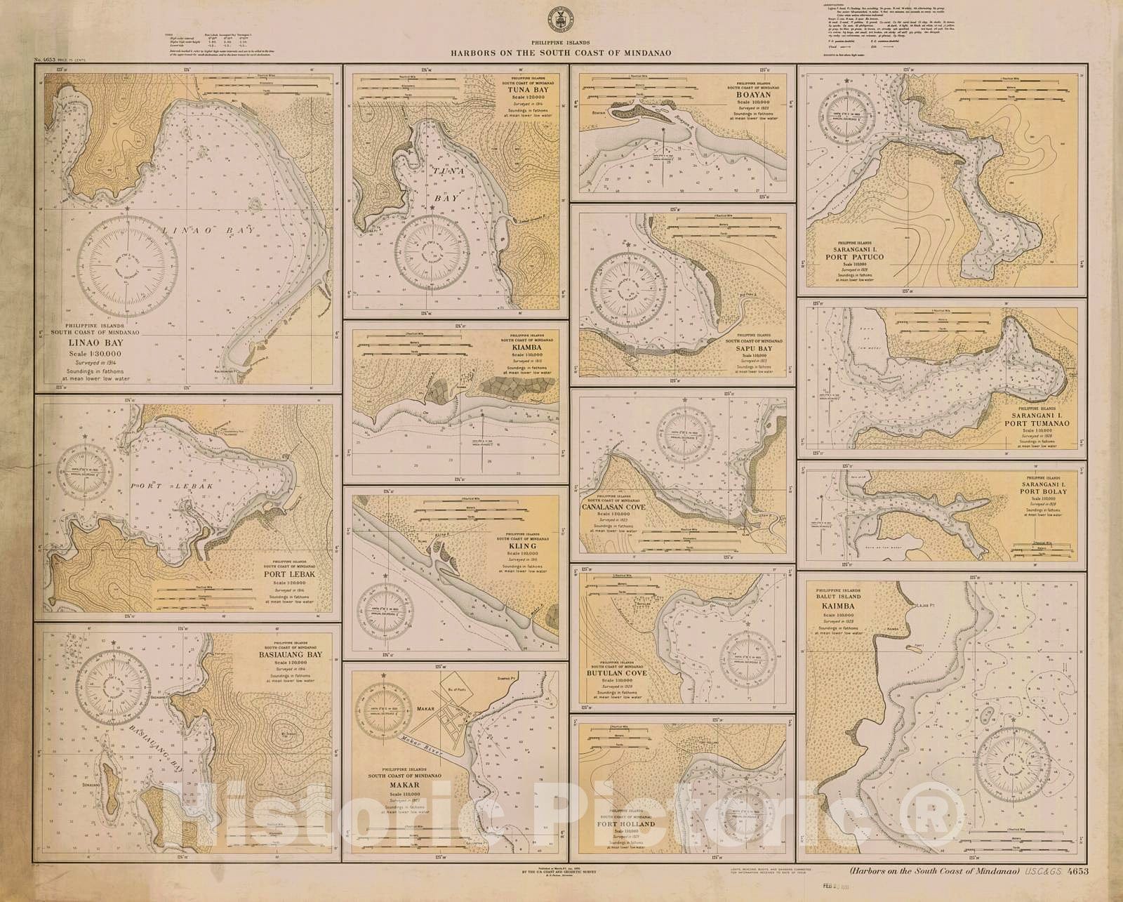 Historic Nautical Map - Harbors On The South Coast Of Mindanao, 1933 NOAA Chart - PHVintage Wall Art