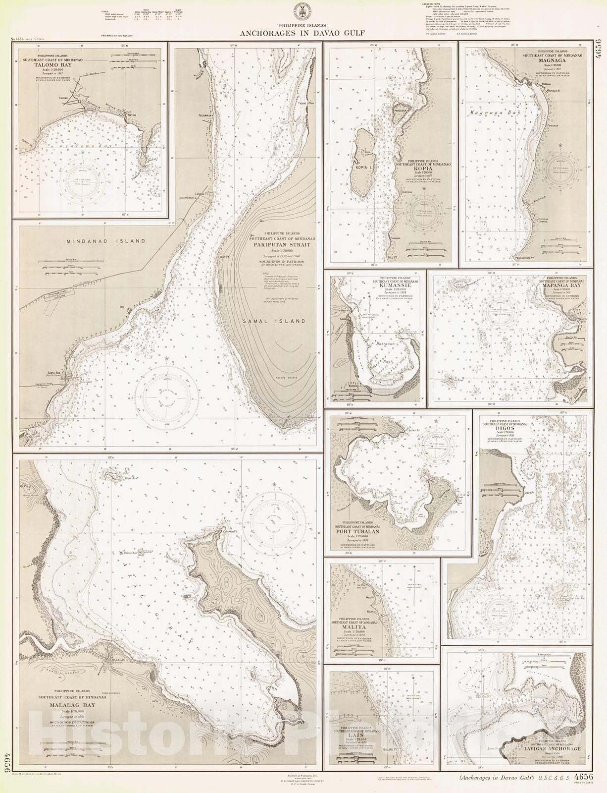 Historic Nautical Map - Anchorages In Davao Gulf, 1950 NOAA Chart - PHVintage Wall Art