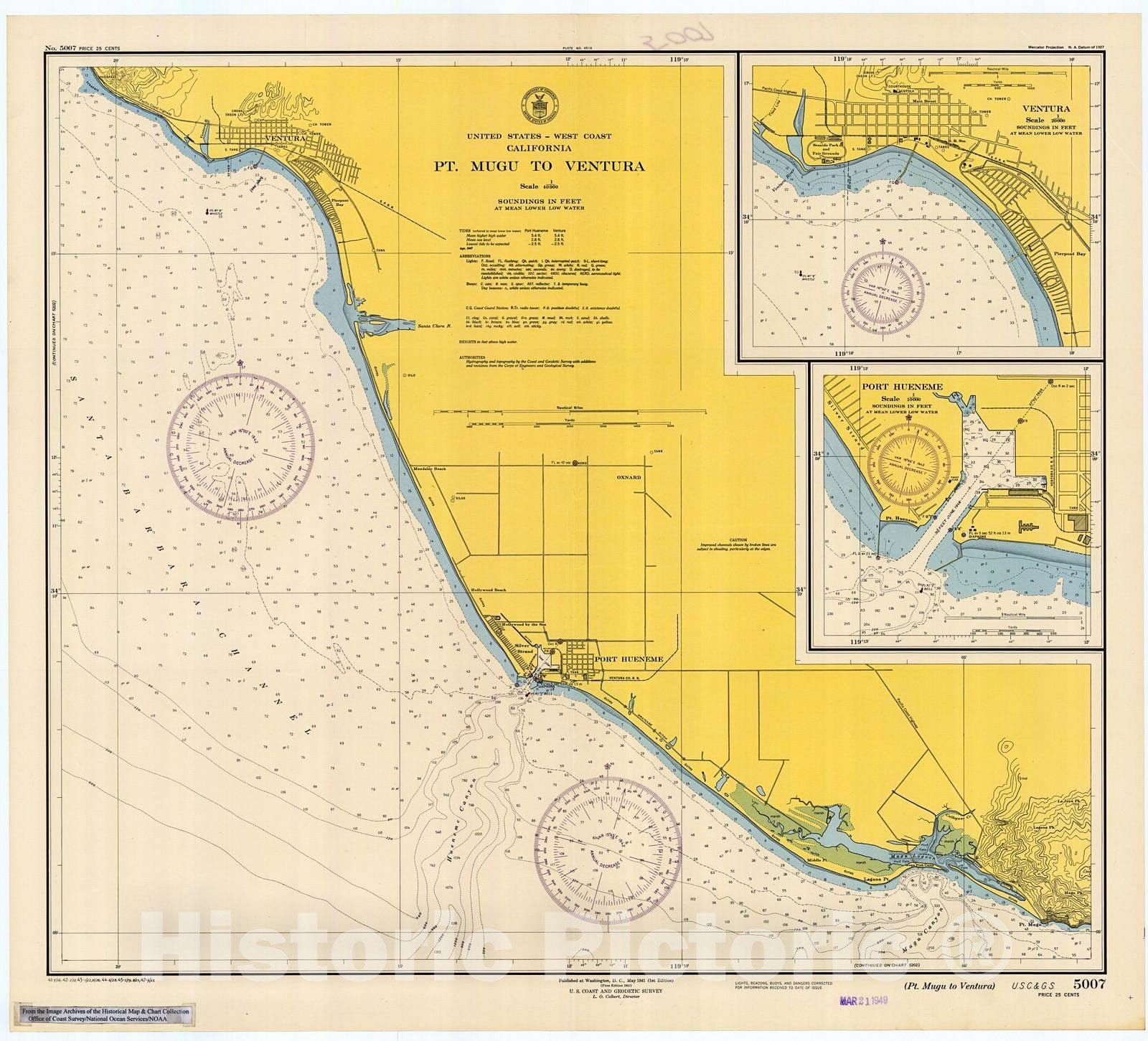 Historic Nautical Map Pt. Mugu To Ventura, 1947 NOAA Chart Califor