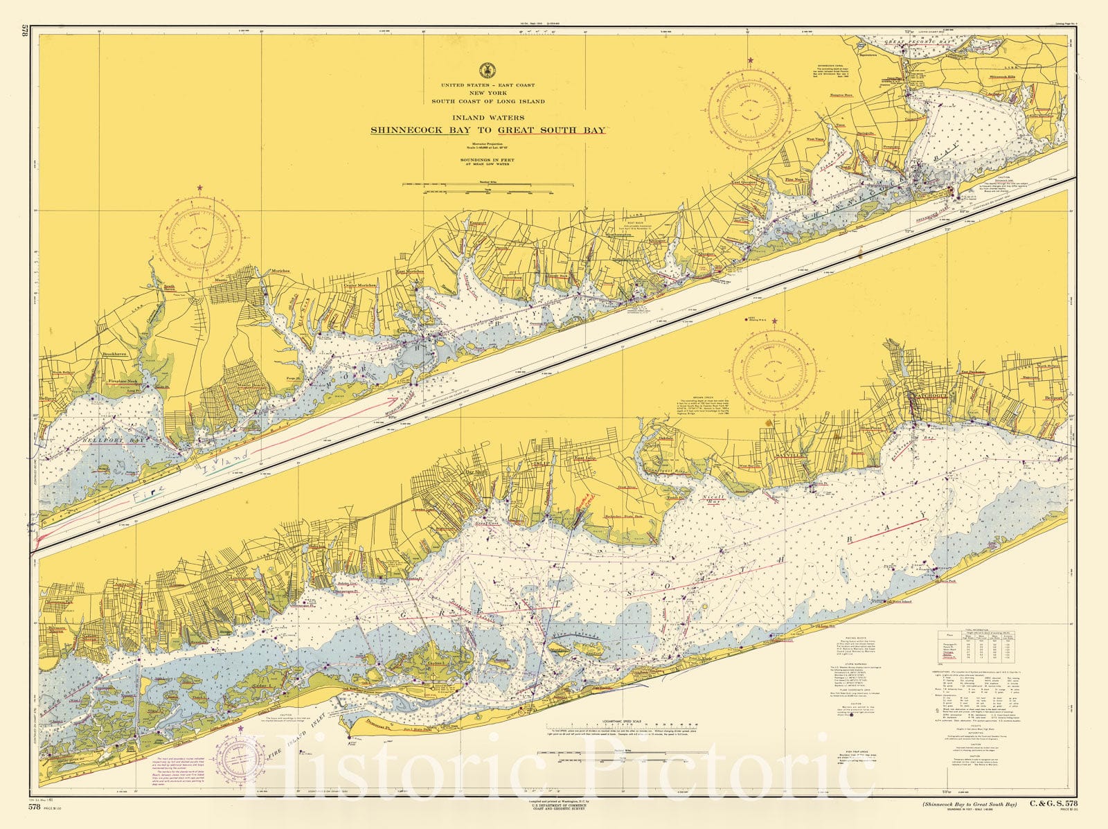 Historic Nautical Map - Shinnecock Bay To Great South Bay, 1961 NOAA Chart - New York (NY) - Vintage Wall Art