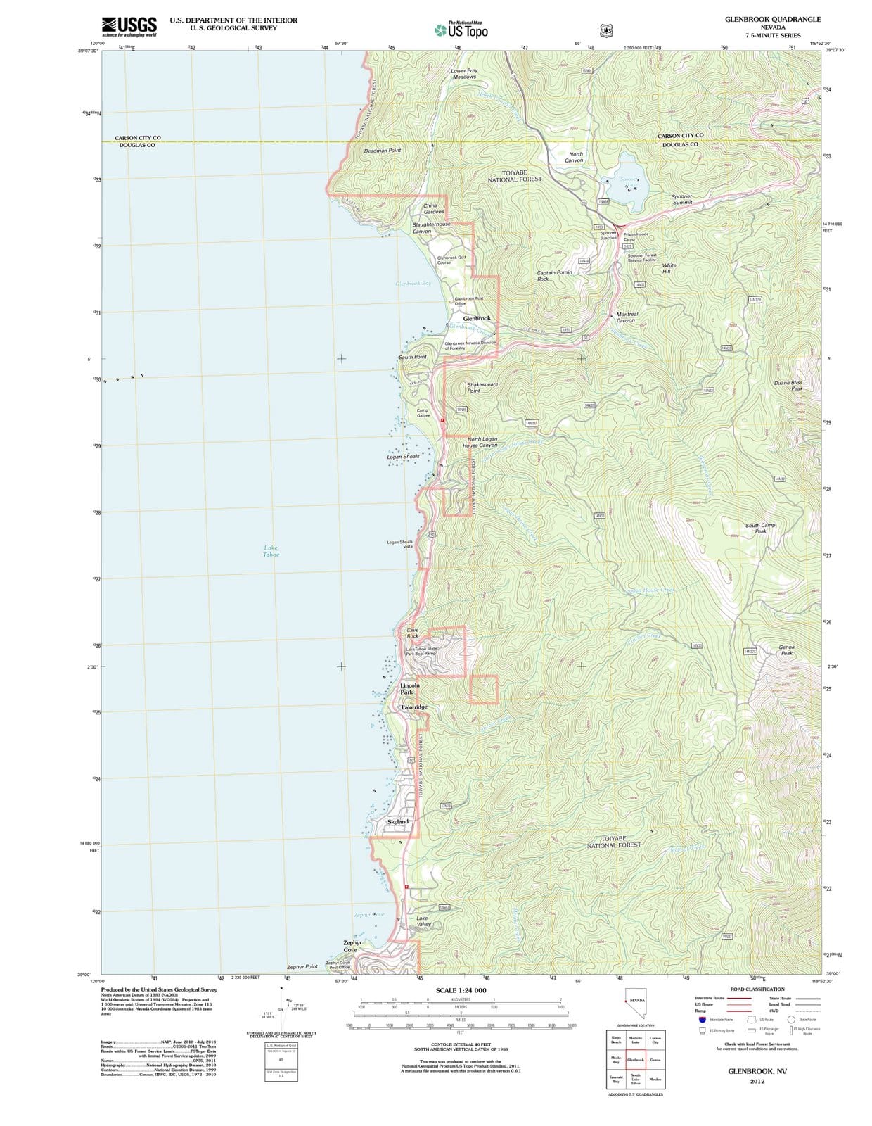 2012 Glenbrook, NV - Nevada - USGS Topographic Map