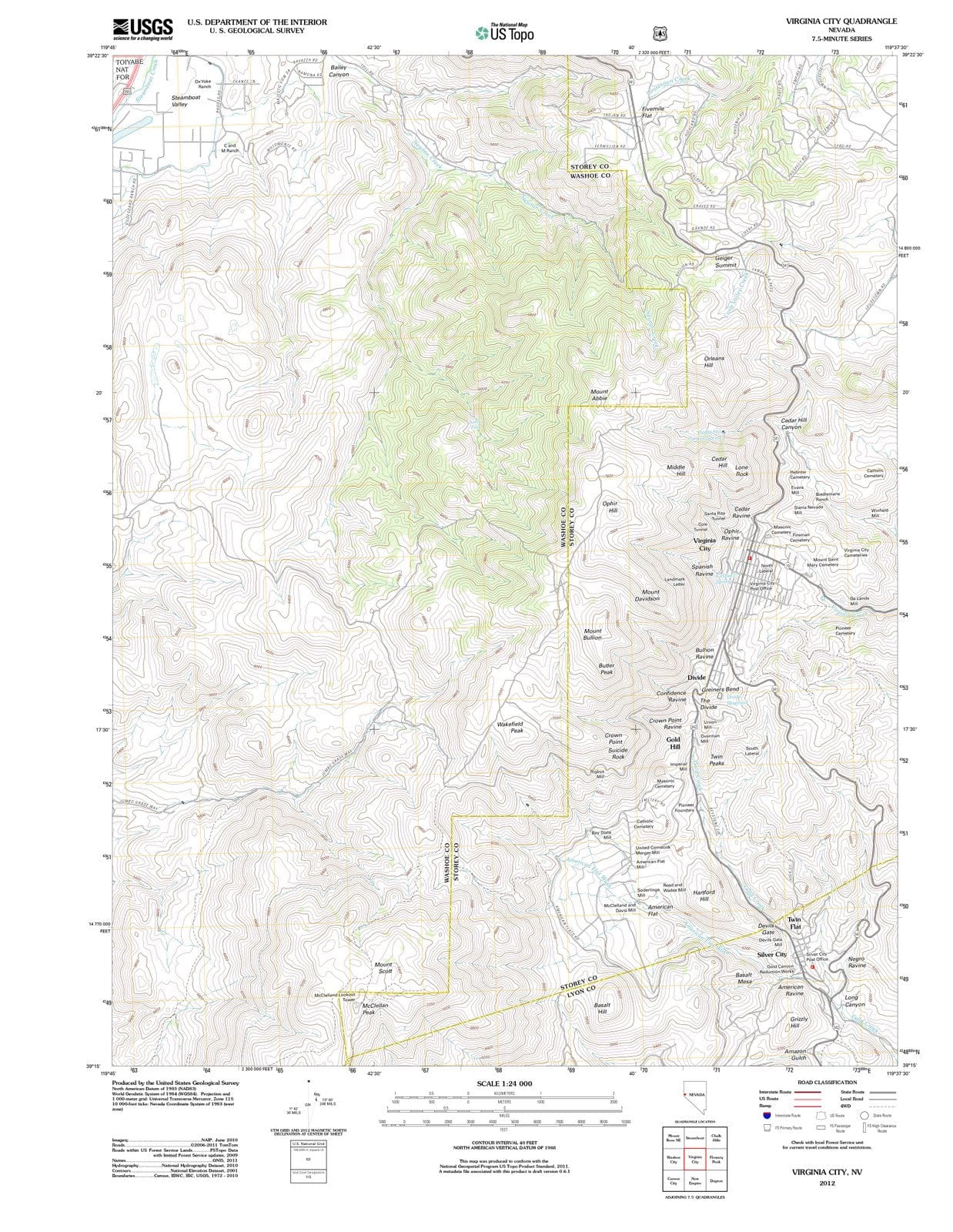 2012 Virginia City, NV - Nevada - USGS Topographic Map