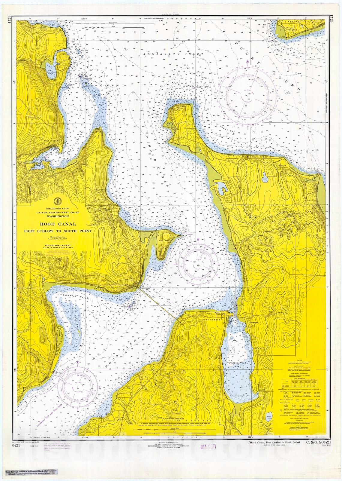Hood Canal Nautical Chart 1969 Port Ludlow Map Print Historic Pictoric