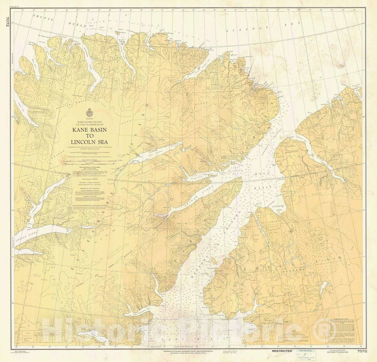 Historic Nautical Map - Ne Coast Ellesmere Island Kane Basin To Lincoln Sea, 1964 NOAA Chart - Vintage Wall Art